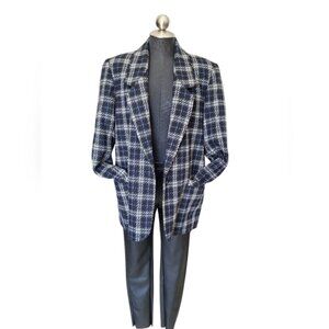 Vintage Blue Tartan Plaid Twill Tweed Woven Blazer Jacket Size 10